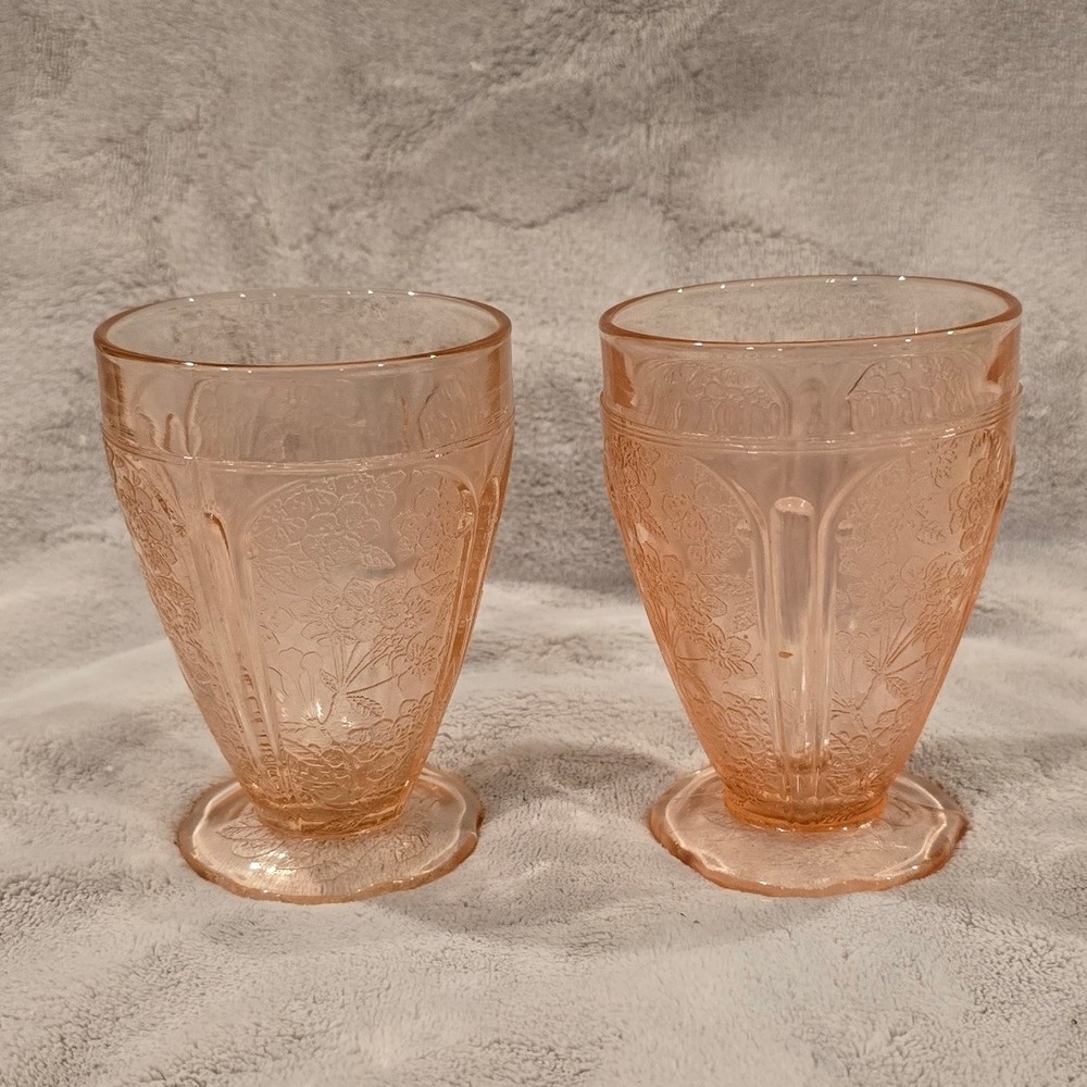 Vintage Jeannette Pink Cherry Blossom Tumblers 4.5" Scalloped Footed AOP Set of2
